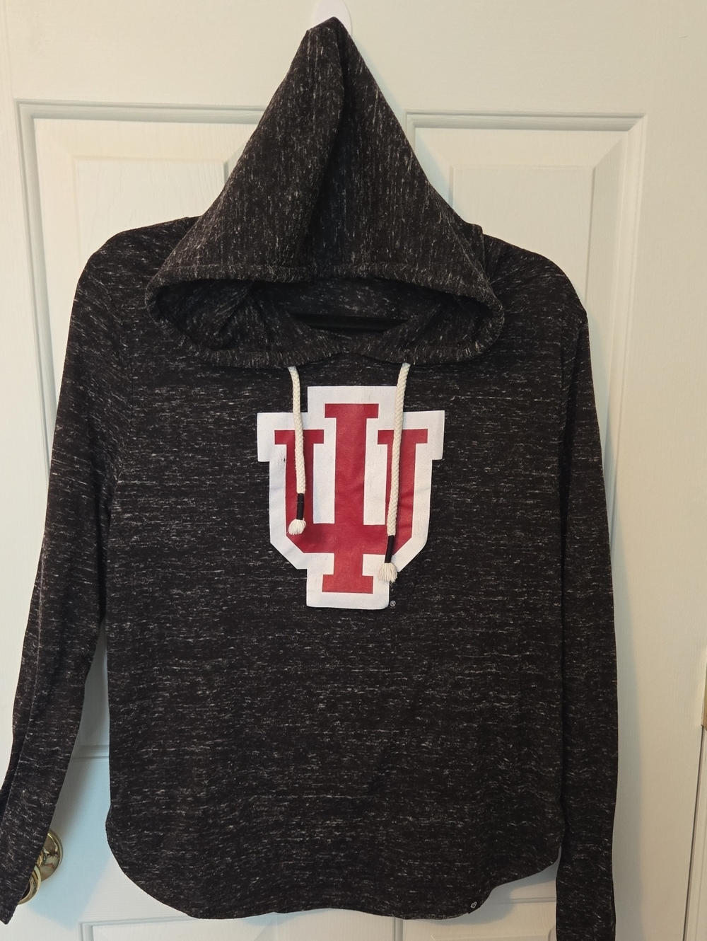 Indiana University Women's Black Marled Hoodie with Red IU Logo Lightweight